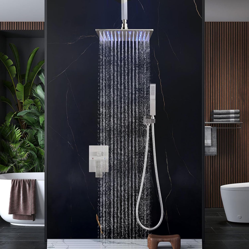 Aolemi Ceiling Mount Shower Faucet Set with Handheld Spray High Pressure Shower Faucets Sets Complete Rough-in Valve and Shower Trim Kit System Included Rainfall Brushed Nickel 12 Inch LED Shower Head