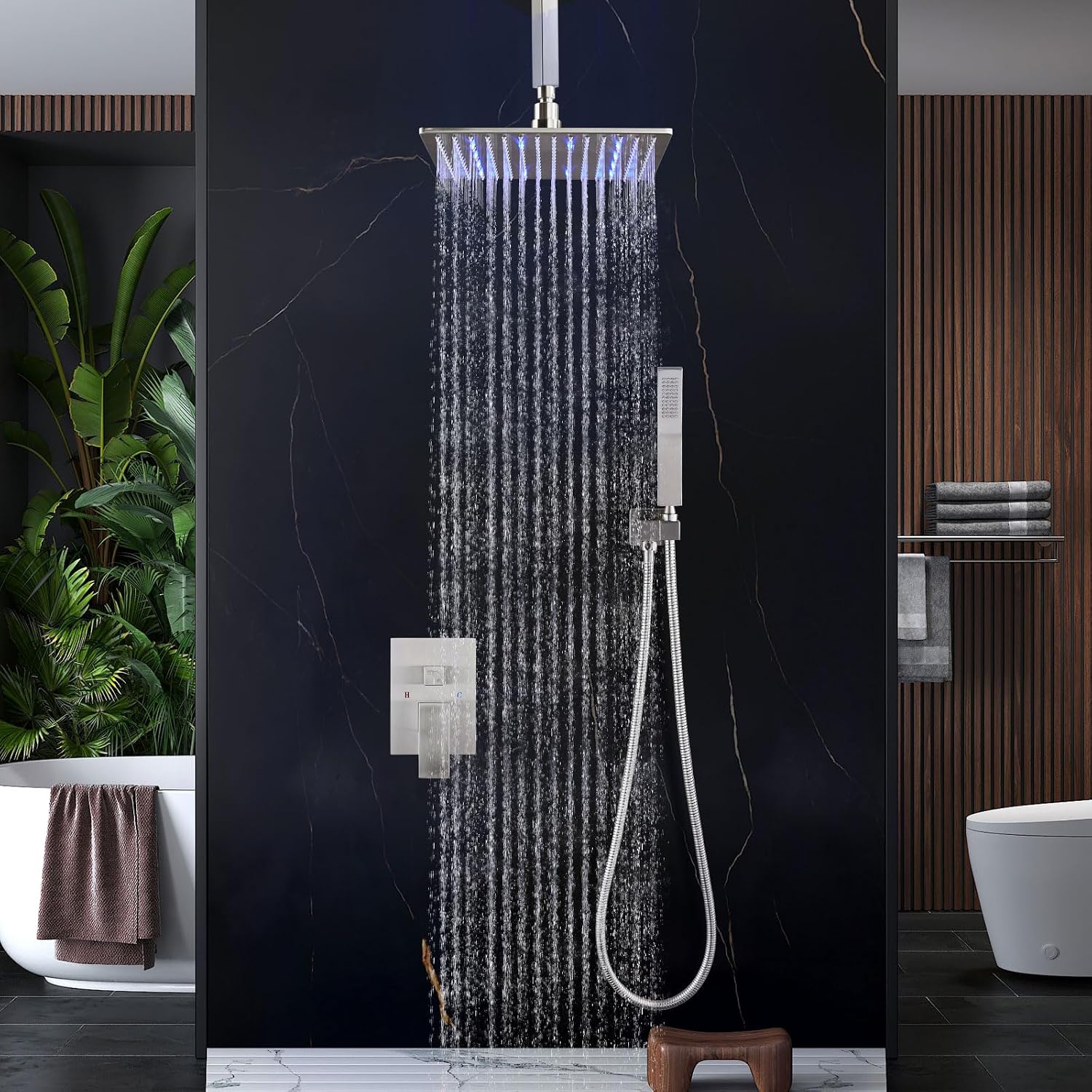 Aolemi Ceiling Mount Shower Faucet Set with Handheld Spray High Pressure Shower Faucets Sets Complete Rough-in Valve and Shower Trim Kit System Included Rainfall Brushed Nickel 12 Inch LED Shower Head