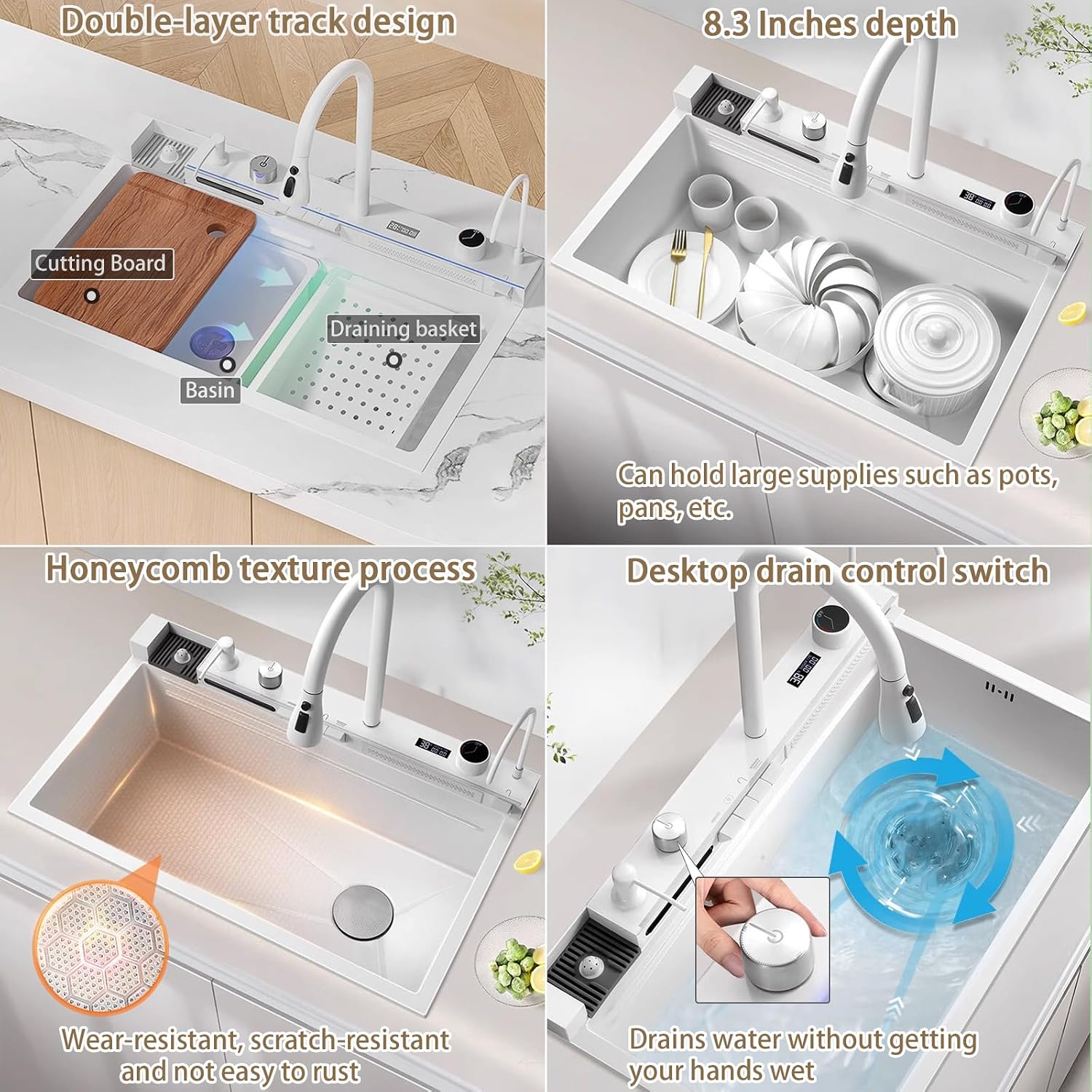 29.5 inch White Smart Digital Display Waterfall Sink, 304 Stainless Steel Modern Kitchen Sink with 5 Water Outlet Modes, Waterfall Pull-Out Faucet, Cup Washers and Accessory Set