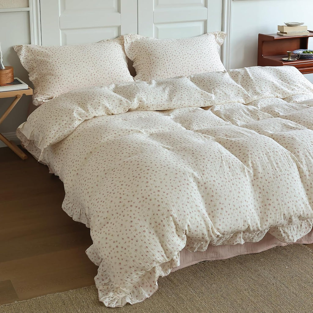 BuLuTu Pink Floral Duvet Cover King with Ruffles, 2-Layer Cotton Muslin Bedding Set Soft Breathable Comforter Cover, Shabby Chic Princess Quilt Cover with 2 Pillowcases
