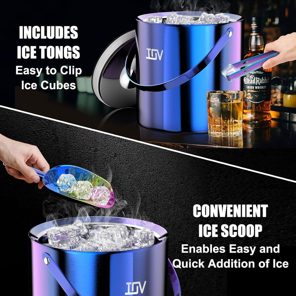 IOV Ice Bucket Set | Cocktail Shaker Bar Set | Mixology Bartender Kit with Stand | 3 L Stainless Steel Double Wall Ice Bucket with Lid, Scoop, Tongs, and Strainer, 12-Piece 24oz Martini Shaker Set