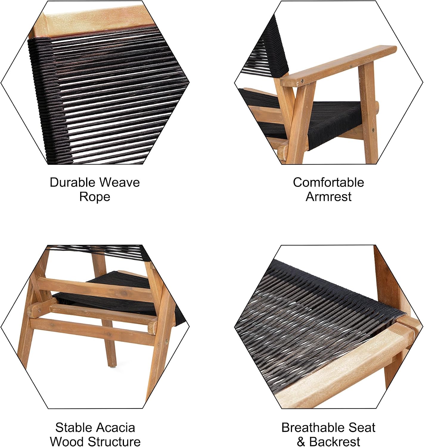Outdoor Patio Chairs Set of 2 Black Rope Furniture Chairs 2-Person Outdoor Conversation Combination Armchairs for Backyard, Poolside, Garden, Living Room, Porch (Black+Brown-BB)
