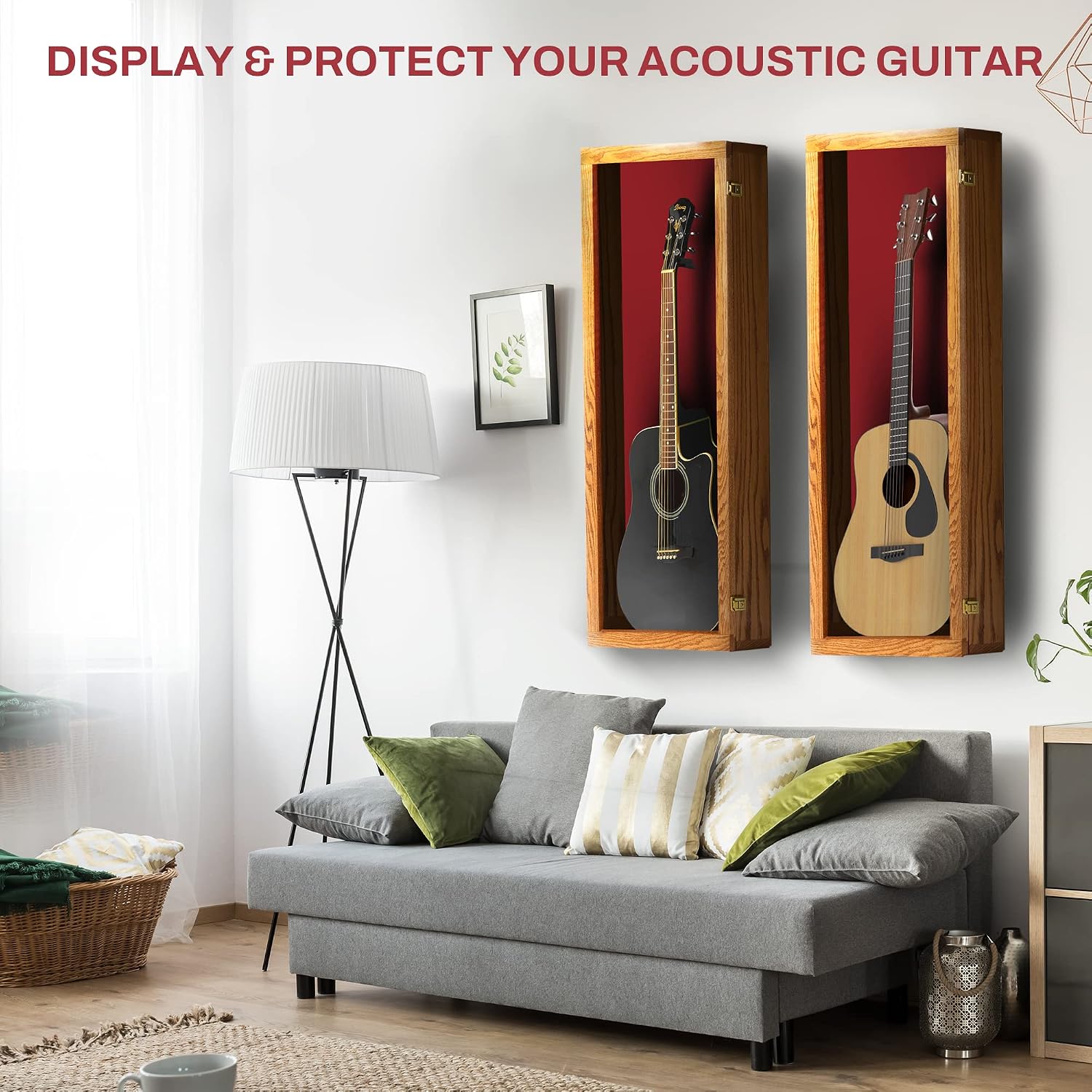 PENNZONI Acoustic Guitar Display Case - Acrylic Acoustic Guitar Case - Guitar Display Case Wall Mount, Guitar Wall Case Made from Hardwood Frame & Clear Acrylic | Natrual Oak