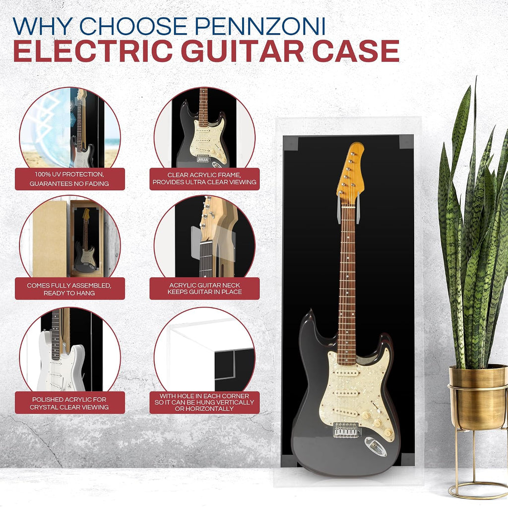 PENNZONI Electric Guitar Display Case - Fully Acrylic Case with Black Back - Horizontal Wall Mount