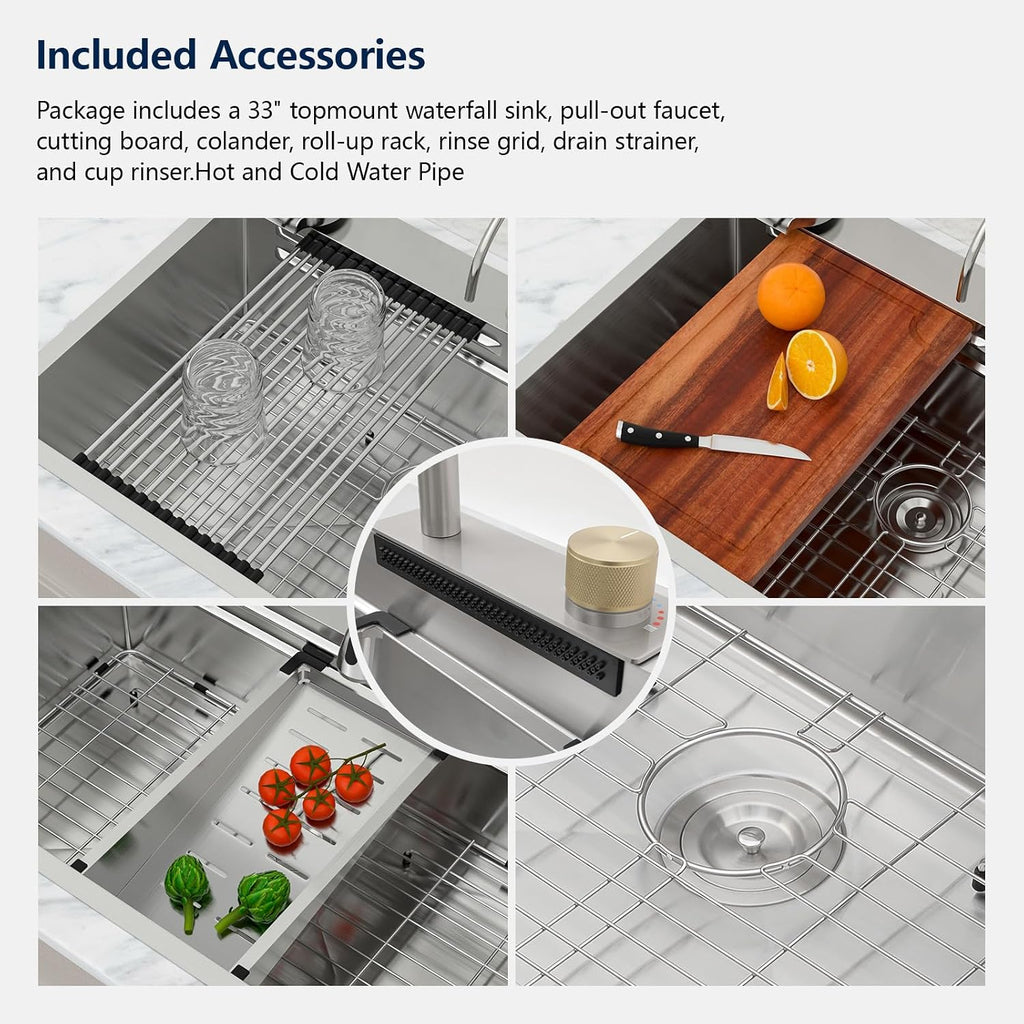 Logmey 36x22 Drop in Waterfall Sink Nano PVD All in One Workstation Sinks with Temperature Control Knob,16 Gauge Stainless Steel,Ideal for Home Cooking,Cleaning & Daily Kitchen Use,Double Step,5 Hole