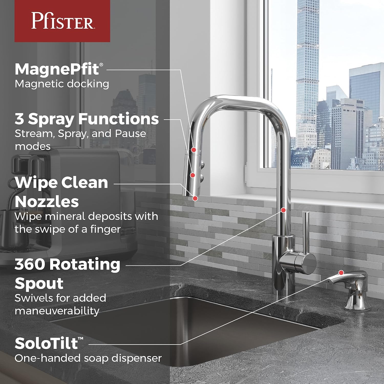 Pfister Zanna Kitchen Faucet with Pull Down Sprayer and Soap Dispenser, Single Handle, High Arc, NSF Certified, Polished Chrome Finish, F5297ZNRC