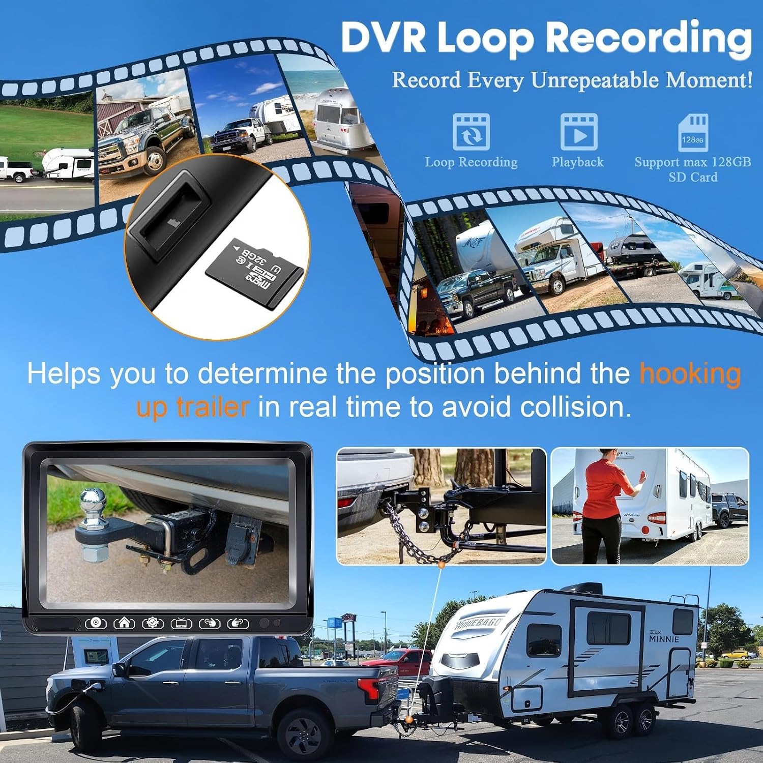 RV Backup Camera with Solar Magnetic: Long Distance No Signal Delay, 7 Inch Touch Key Monitor with Recording, HD 1080P Wireless Backup Camera for Trailer, 5th Wheel, Camper