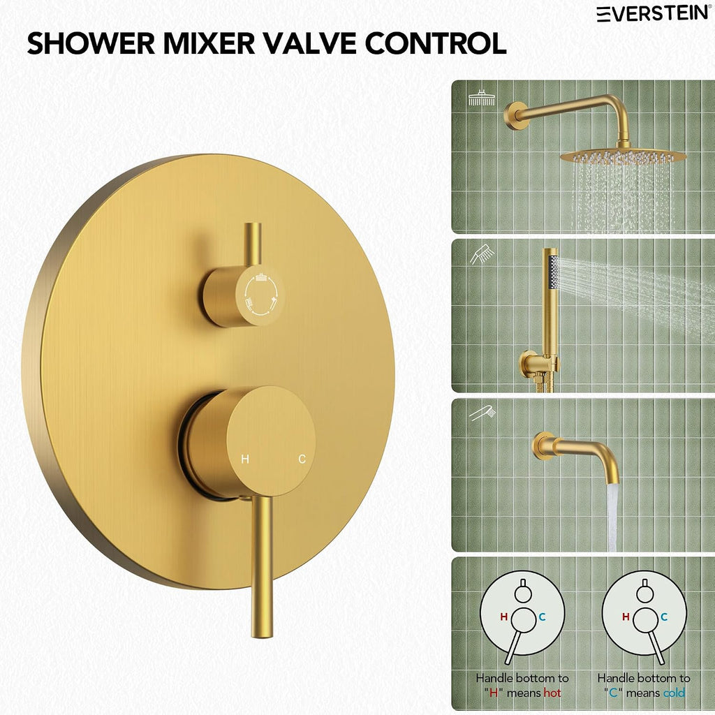 10' High-Pressure Rainfall Shower System with Handheld Spray, Wall Mount Bathroom Shower Faucet Set with Tub Spout, Brushed Gold (Valve Included)