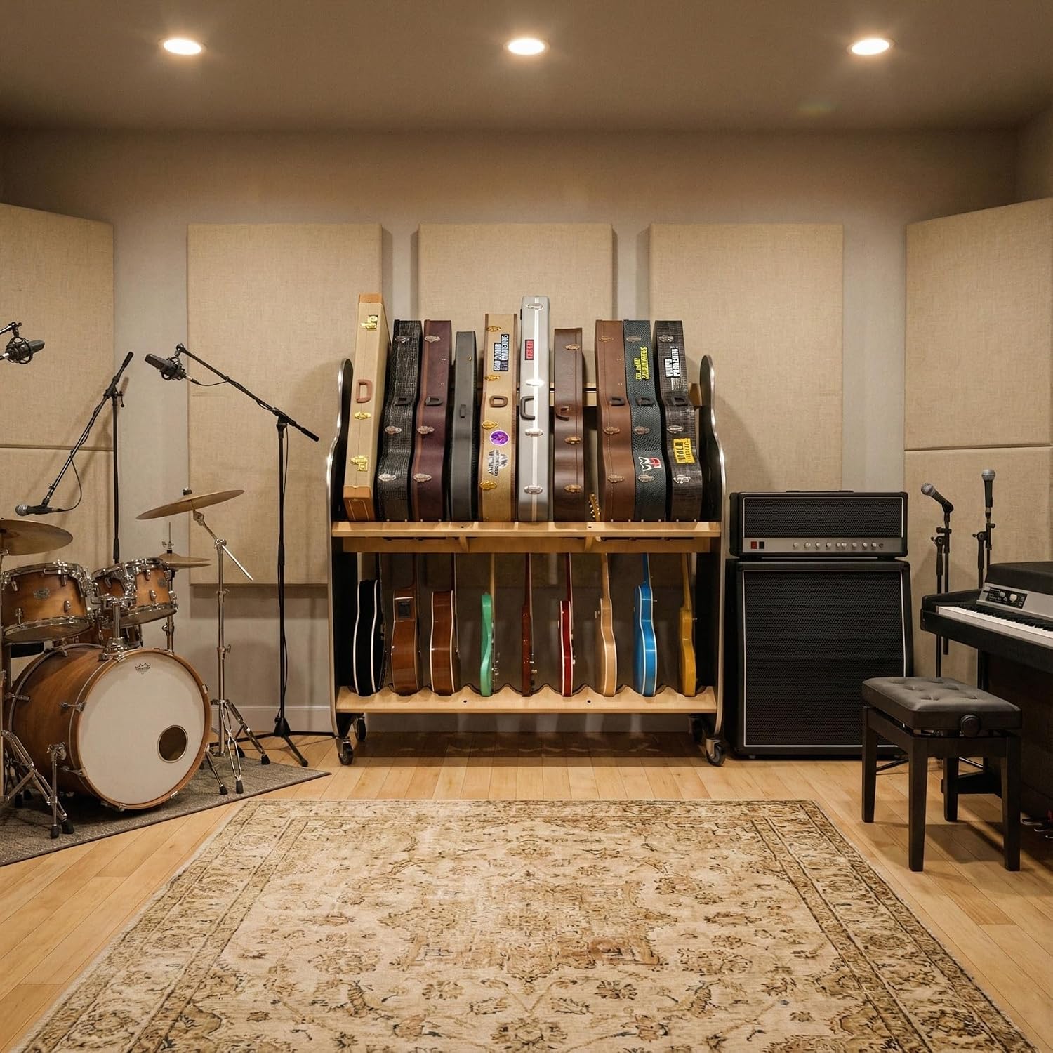 A&S Crafted Products Double-Stack Combo Guitar & Case Rack - The Session-Pro | Mobile 2-Tier Stand | Made in U.S.A.