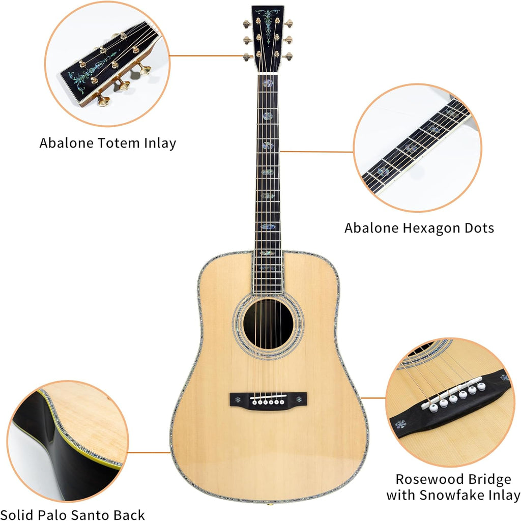 TARIO 41'' Acoustic All Solid Guitar solid A+Sitka Spruce Top Solid Palo Santo Back and Sides Mahogany Neck Including a Wooden Case High Gloss