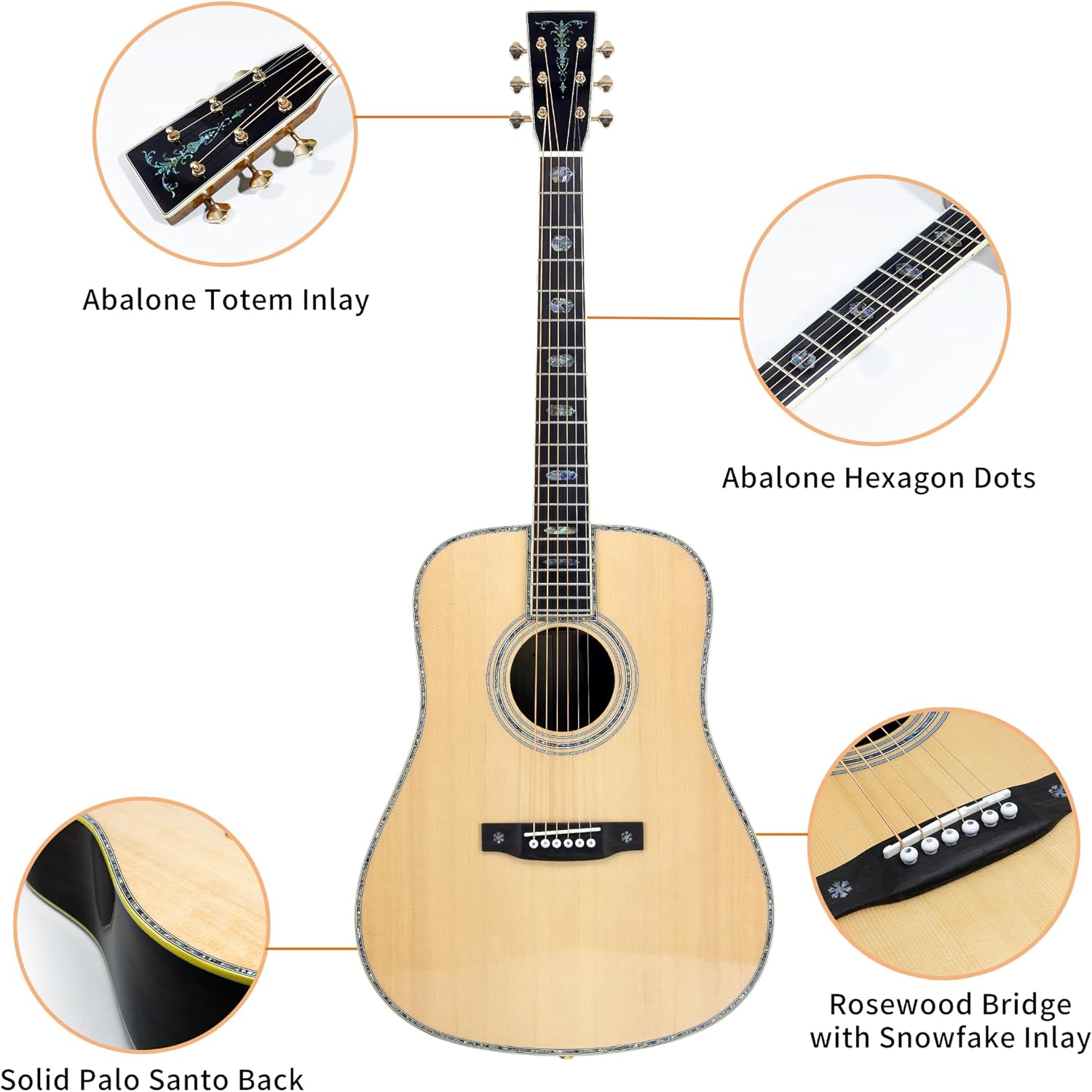 TARIO 41'' Acoustic All Solid Guitar solid A+Sitka Spruce Top Solid Palo Santo Back and Sides Mahogany Neck Including a Wooden Case High Gloss