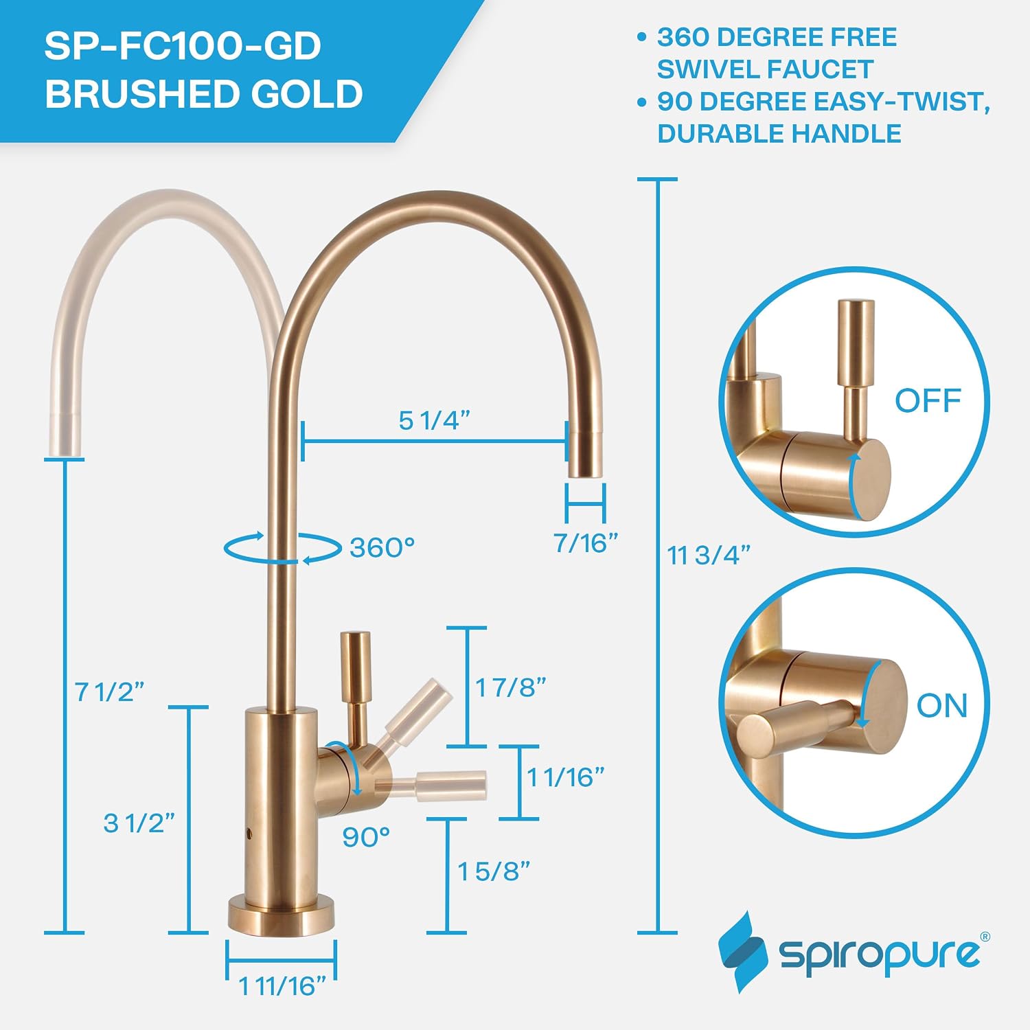 SpiroPure NSF-Certified Lead-Free Air Gap RO Faucet, Brushed Gold/Bronze/Brass, Reverse Osmosis Replacement Water Filter Faucet, 3 Line Filtered Faucet, SP-FC100-GD