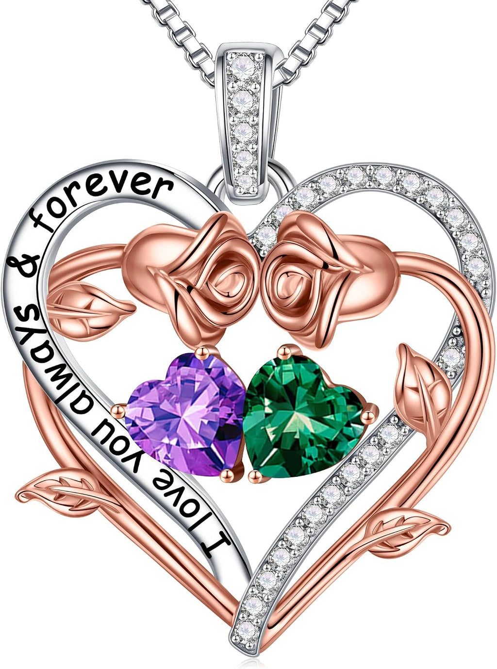 Iefil Rose Heart Double Birthstone Necklace Gifts for Wife Girlfriend Her Women, Birthstone Jewelry Gemstone Birthday Gifts for Mom Grandma Her Wife Women