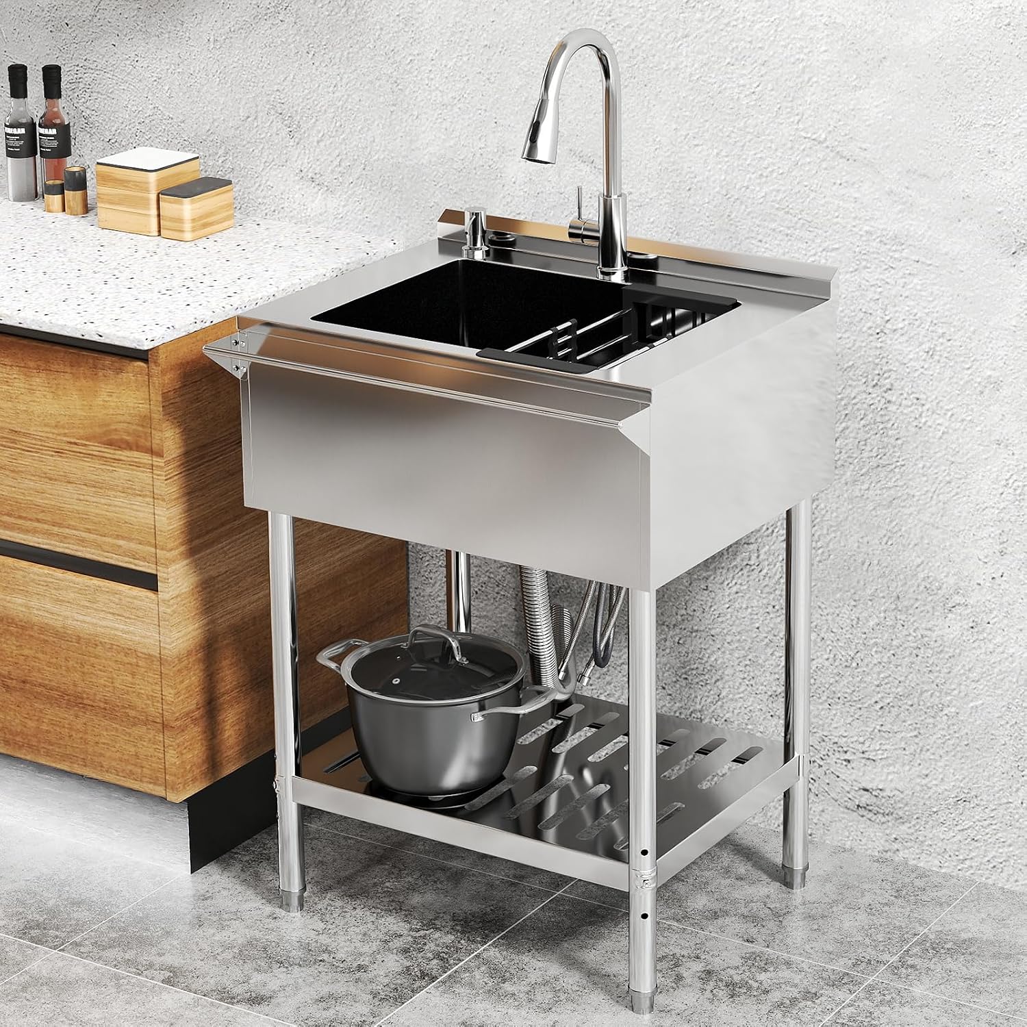 Stainless Steel Utility Sink, 25.6'' Free Standing Single Bowl Sink with Pull-Out Faucet & Cold and Hot Water Pipe & basket, Indoor and Outdoor Sink for Laundry Room, Garage, Kitchen, Silver