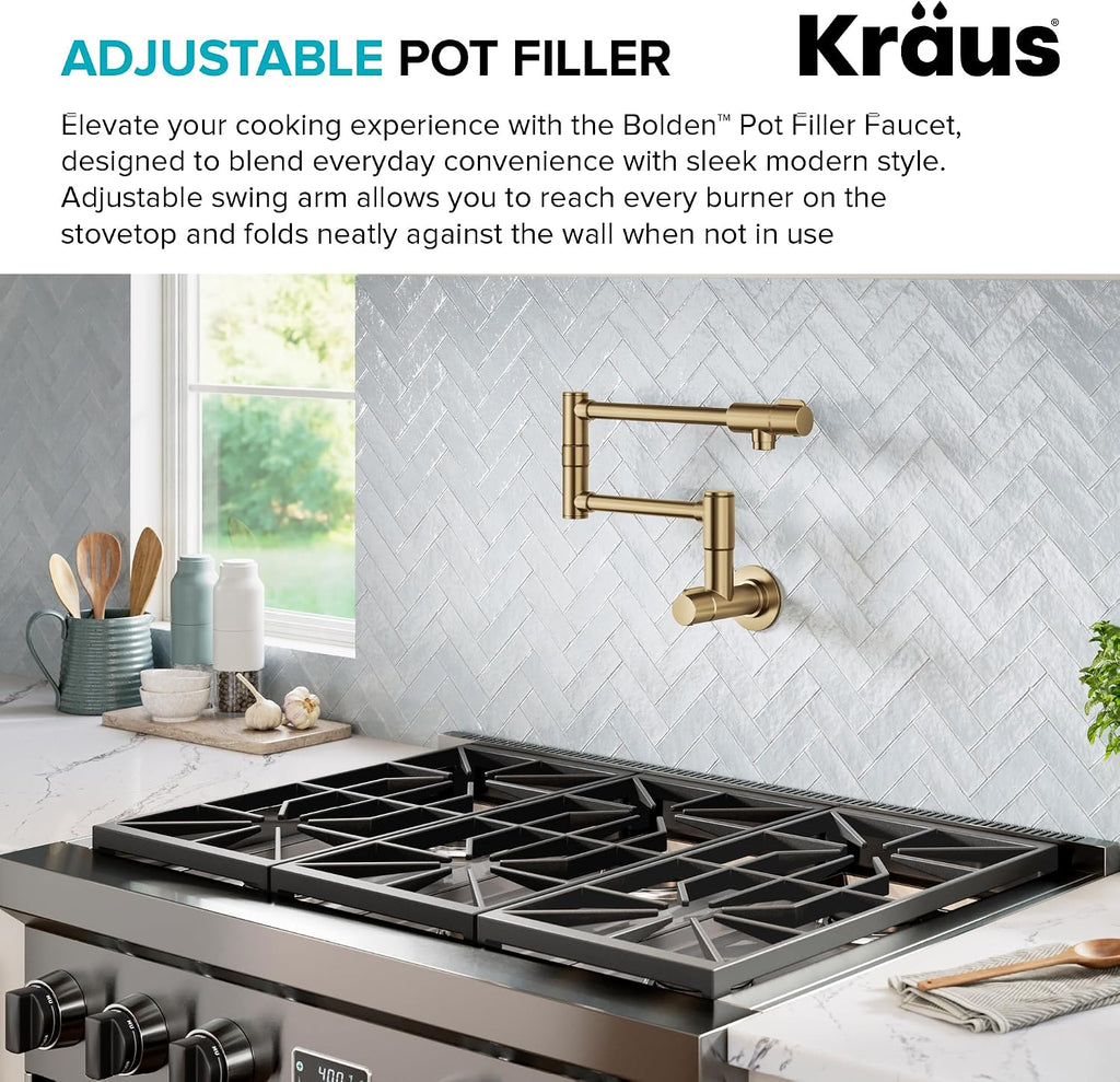 KRAUS Bolden Pot Filler Faucet with Retractable Arm, Wall Mount Kitchen Faucet, Pot Filler for Stove in Spot-Free Brushed Brass, KPF-5003SFBB