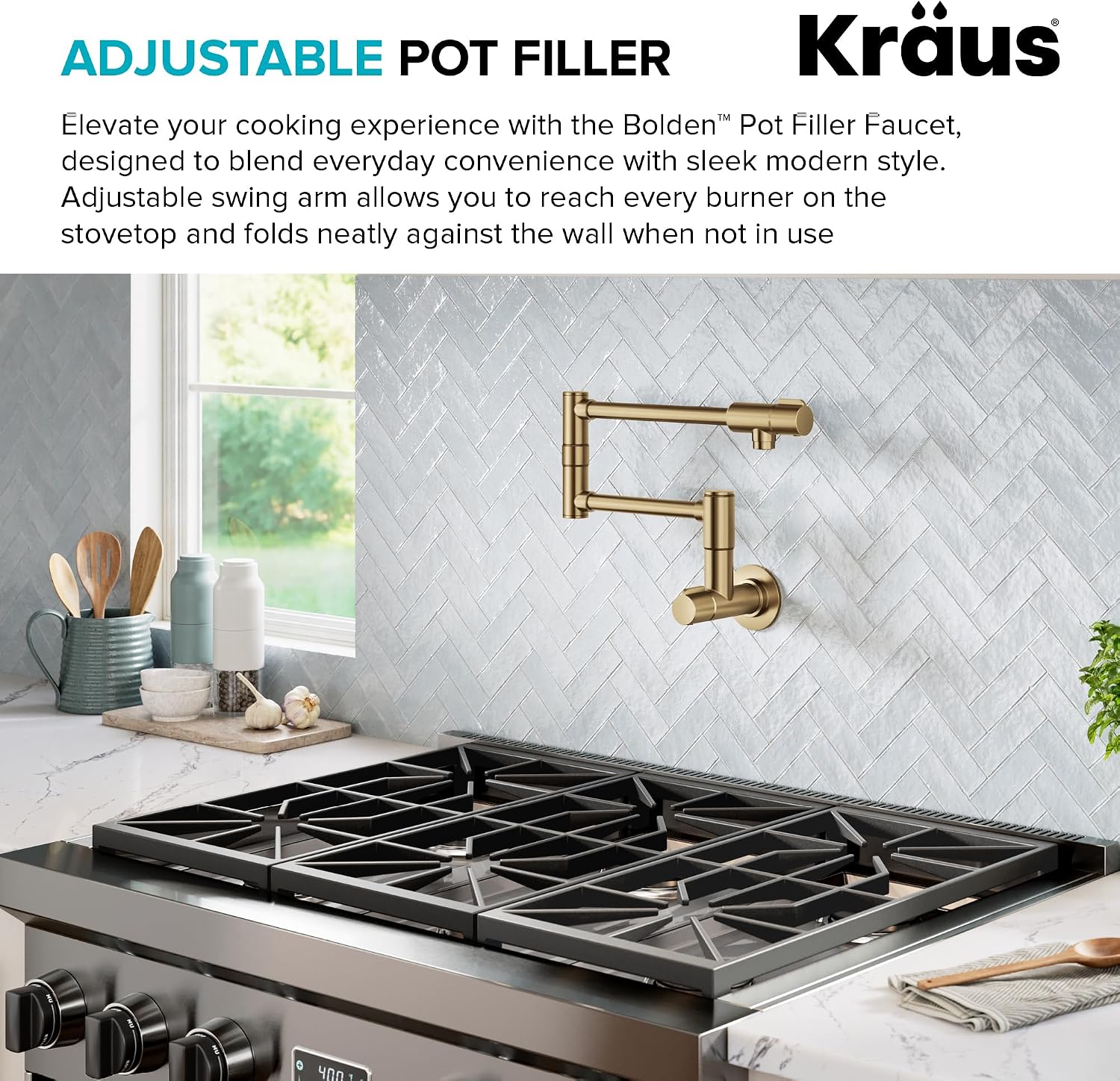 KRAUS Bolden Pot Filler Faucet with Retractable Arm, Wall Mount Kitchen Faucet, Pot Filler for Stove in Spot-Free Brushed Brass, KPF-5003SFBB