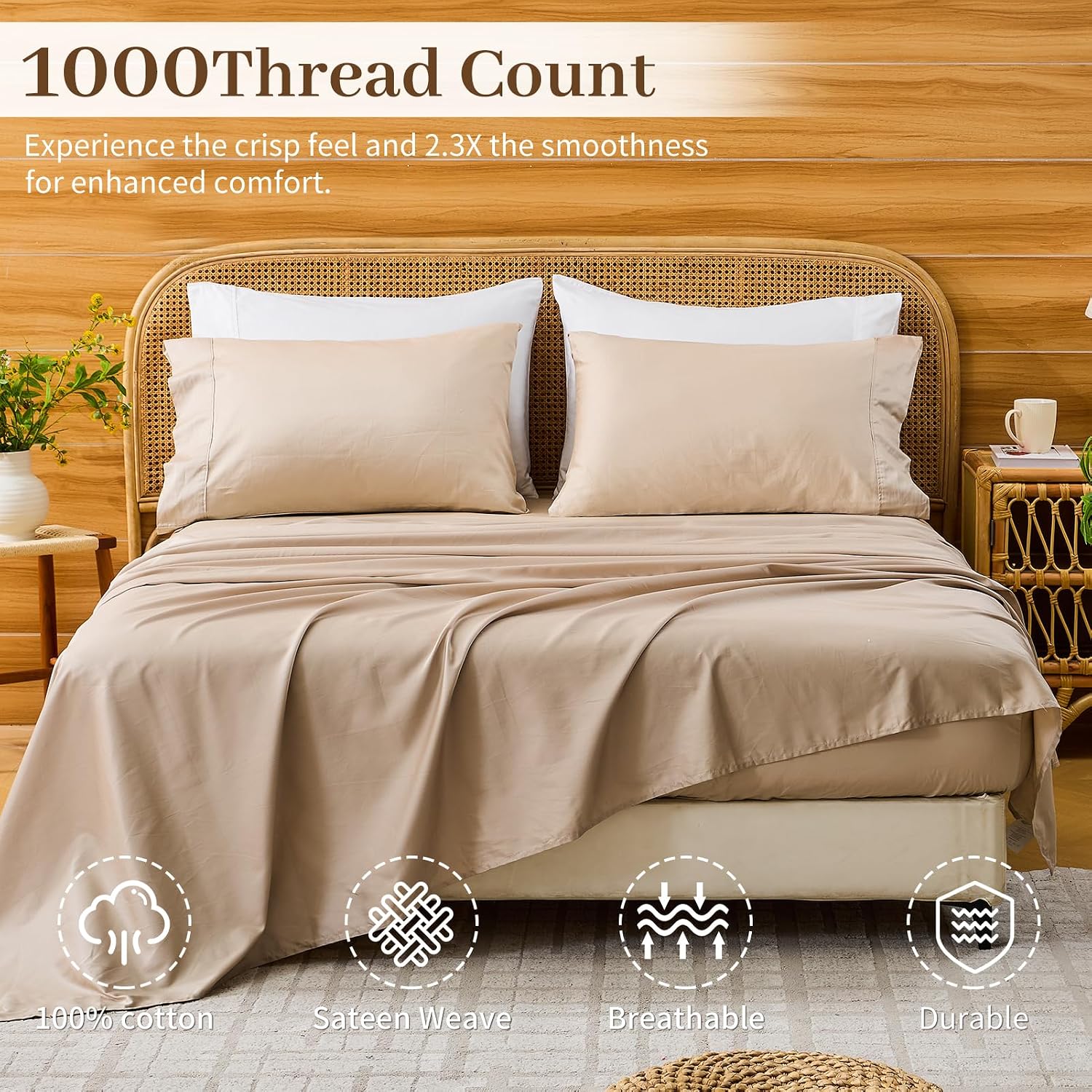 Bedlifes Egyptian Cotton Sheets 1000 Thread Count California King Size, 4-Piece 16' Deep Pocket - Cooling & Breathable Ultra Soft Bedding for Hotel Comfort (Linen)