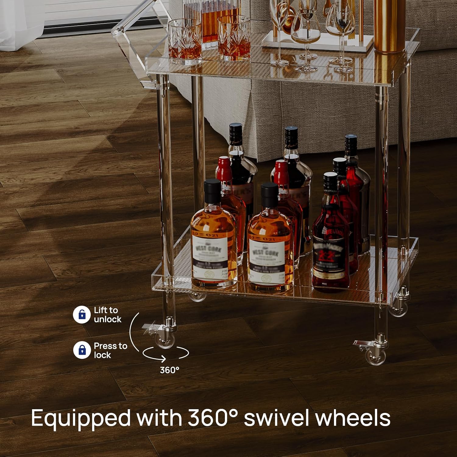 HMYHUM Acrylic Bar Cart, Rattan Home Bar Trolley with Wheels, 2-Tier Rolling Serving Cart for Kitchen, Dining Room, Outdoor, 23.6' L x 15' W x 32.5' H, Modern, Easy Assembly