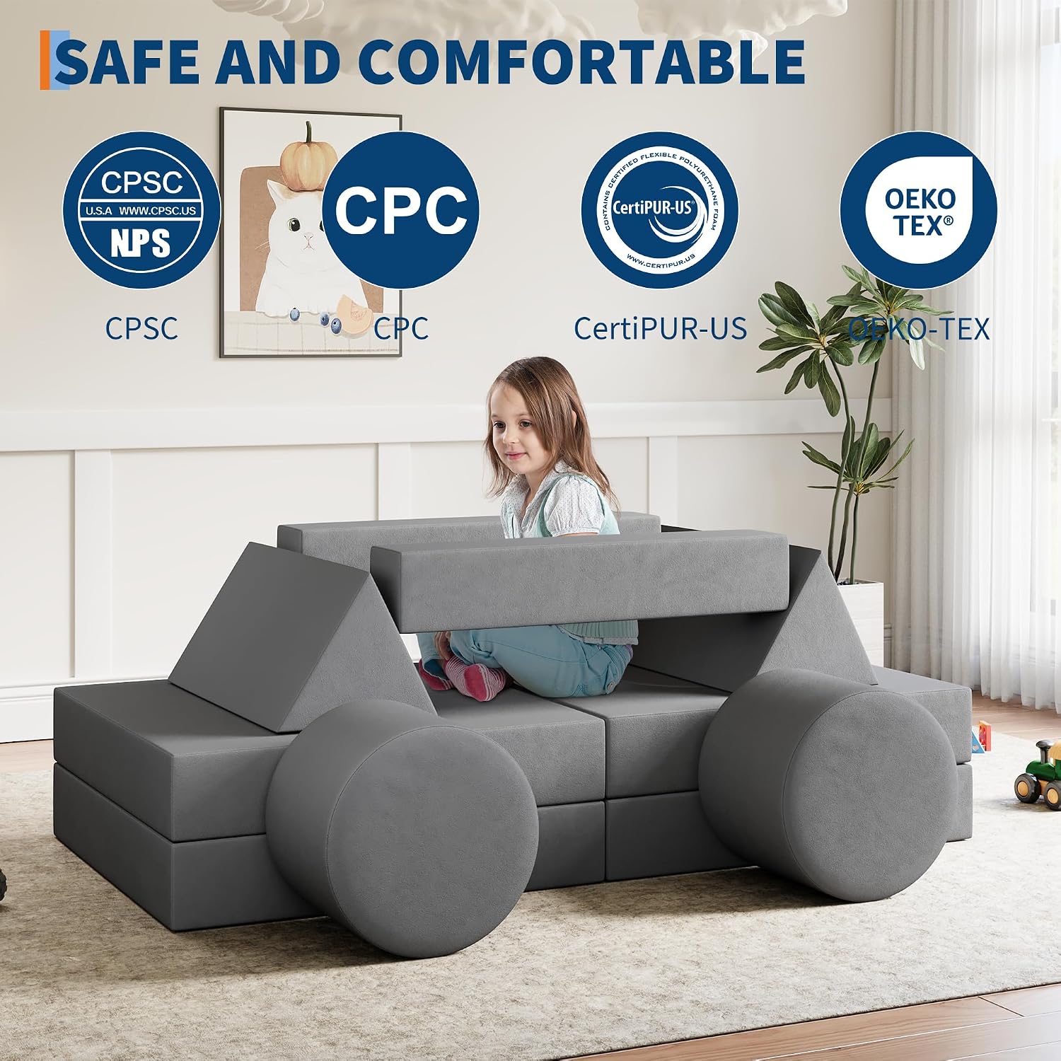 Kids Modular Play Couch, 13 Pcs Toddler Couch With Washable Velvet Covers, Building Fort Toddler Sofa Set, Convertible Foam Floor Chair for Playroom, Living Room