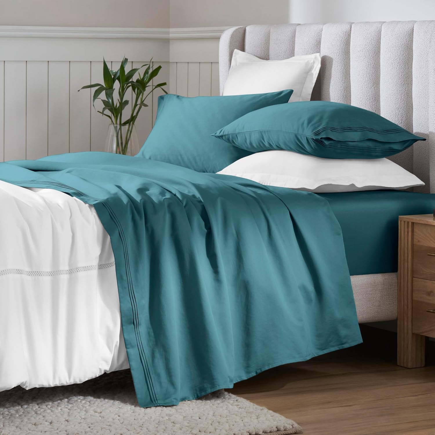 Superior Egyptian Cotton 4 Piece Sheet Set, 650 Thread Count, Eco-Friendly, Sustainable Sheets, Ultra-Soft Basics, Solid, Deep Pocket Fitted Sheet, Flat Sheet, Pillowcases, California King, Caribbean