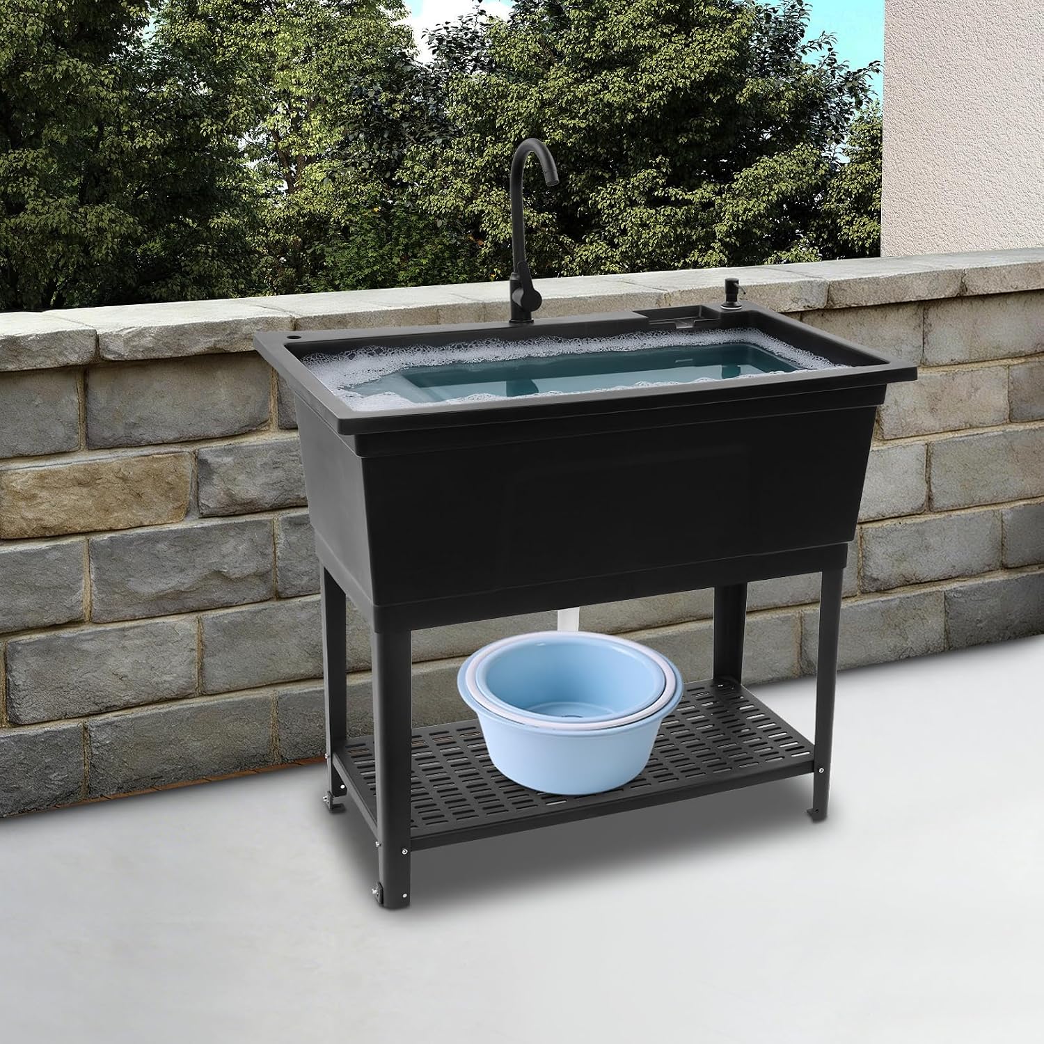 Free Standing Utility Sink, 39.9'L × 15'W × 23.6'H Freestanding Sink with Cold and Hot Water Faucet,Hoses, Soap Dispenser and Drain Kit for Kitchens, Bathrooms
