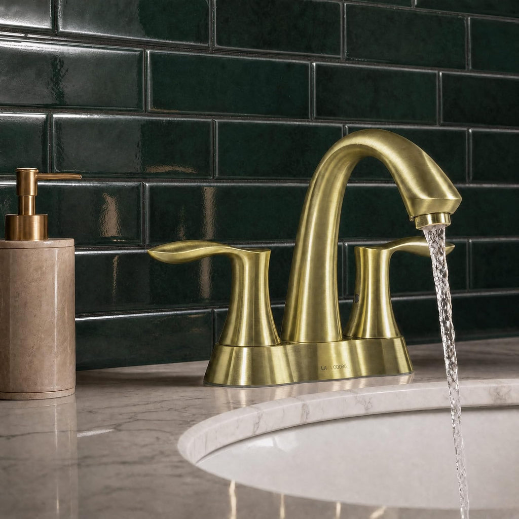 Lava Odoro Brushed Gold Bathroom Faucet 3 Hole, 2 Handle Bathroom Sink Faucet, 4 Inch Centerset Bathroom Faucet with Drain Assembly, BF423-SG