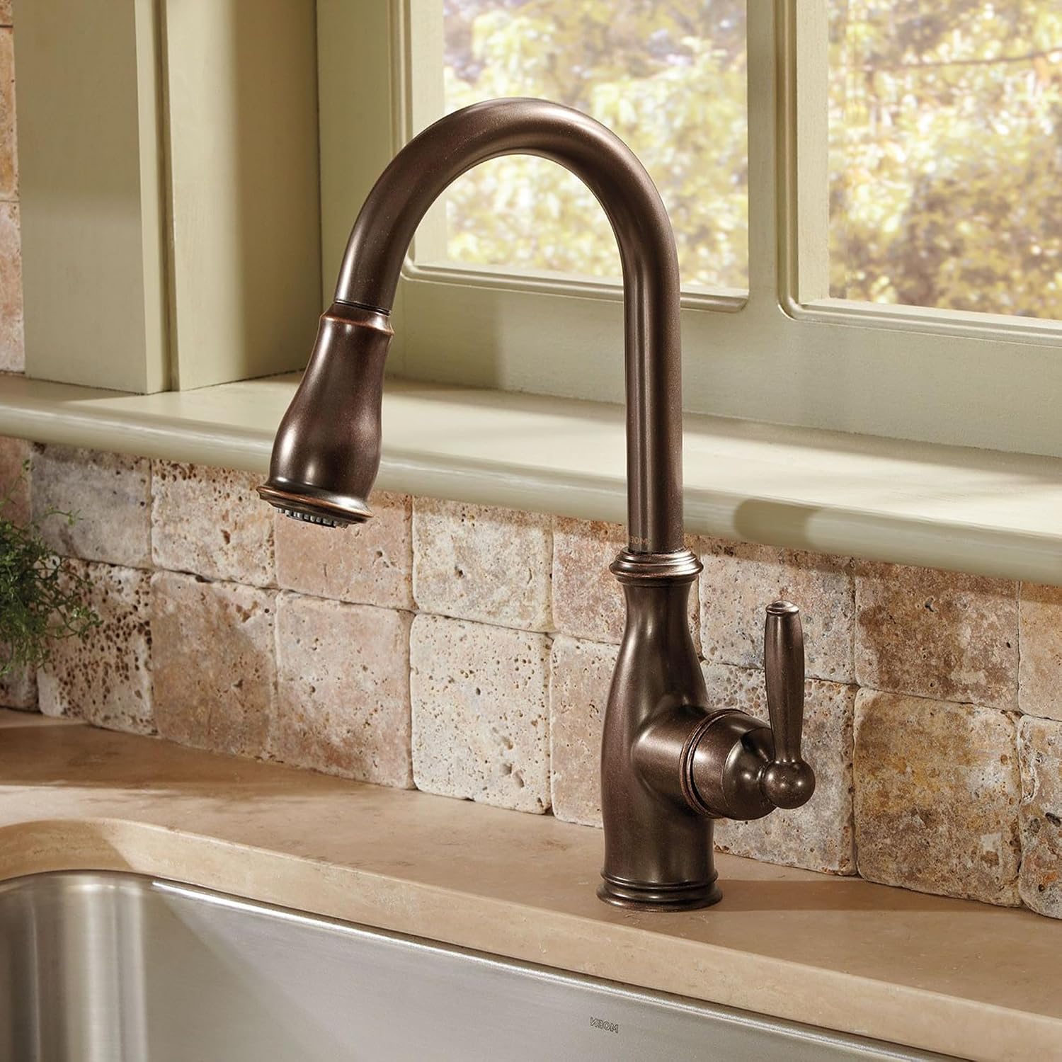 Moen Brantford Oil Rubbed Bronze Traditional One-Handle Kitchen Faucet with Pulldown Sprayer Featuring Power Boost and Reflex Docking System, 7185ORB