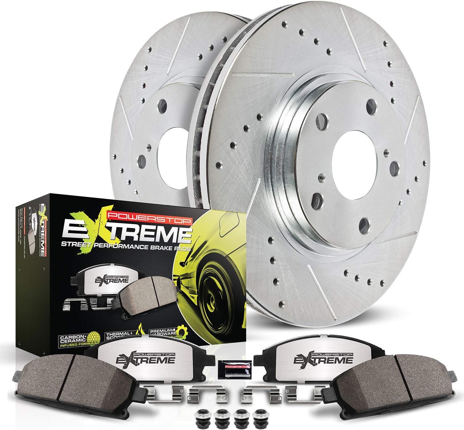 PowerStop Front Brake Kit for Cadillac CT6 2016-18 |CTS 2014-19 |Chevrolet Camaro 2016-23 - Carbon-Fiber Ceramic Z26 Brake Pads + Drilled & Slotted Rotors Upgrade, K6998-26