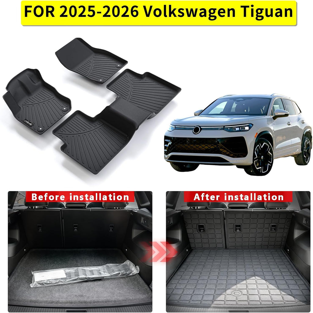 Floor Mats for 2025 2026 Volkswagen Tiguan & Cargo Liners & Backrest Mat,TPE All Weather Protection 1st & 2nd Row Floor Liners with Trunk Mat Covering The Backrest Accessories