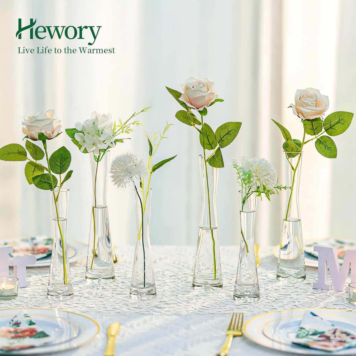 Hewory Glass Bud Vases for Centerpieces Set of 36, Handmade Modern Clear Small Skinny Decorative Single Flower Vase, Minimalist Slim Floral Vase for Home Wedding Party Events Table Decor, 7.87'