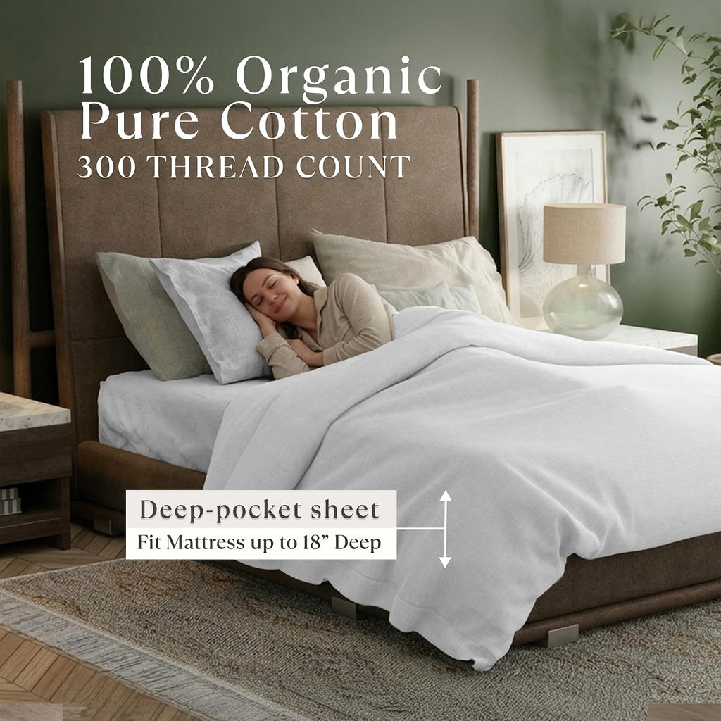 Delilah Home 100% Organic Cotton Queen Flat Sheet Set, GOTS & Vegan.org Verified, Long Stem 300 TC Sateen Bedding, Non-Synthetic, Deep Pocket Fitted Linen, Lightweight, All-Season, 4 Piece Set - White