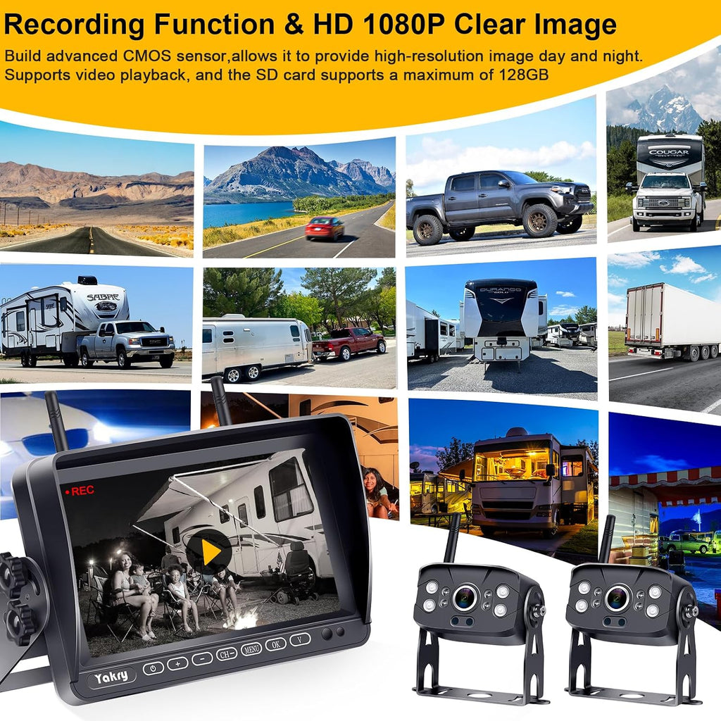RV Backup Camera Wireless Recording 2 Cameras - Plug and Play Pre-Wired for Furrion System Night Vision 4 Channels HD 1080P 7'' Touch Key Monitor Rear View Camera for Trailer/Trucks/Camper Yakry Y28