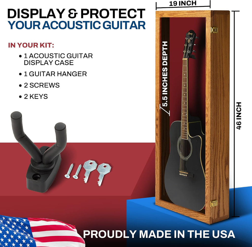 PENNZONI Acoustic Guitar Display Case - Acrylic Acoustic Guitar Case - Guitar Display Case Wall Mount, Guitar Wall Case Made from Hardwood Frame & Clear Acrylic | Natrual Oak