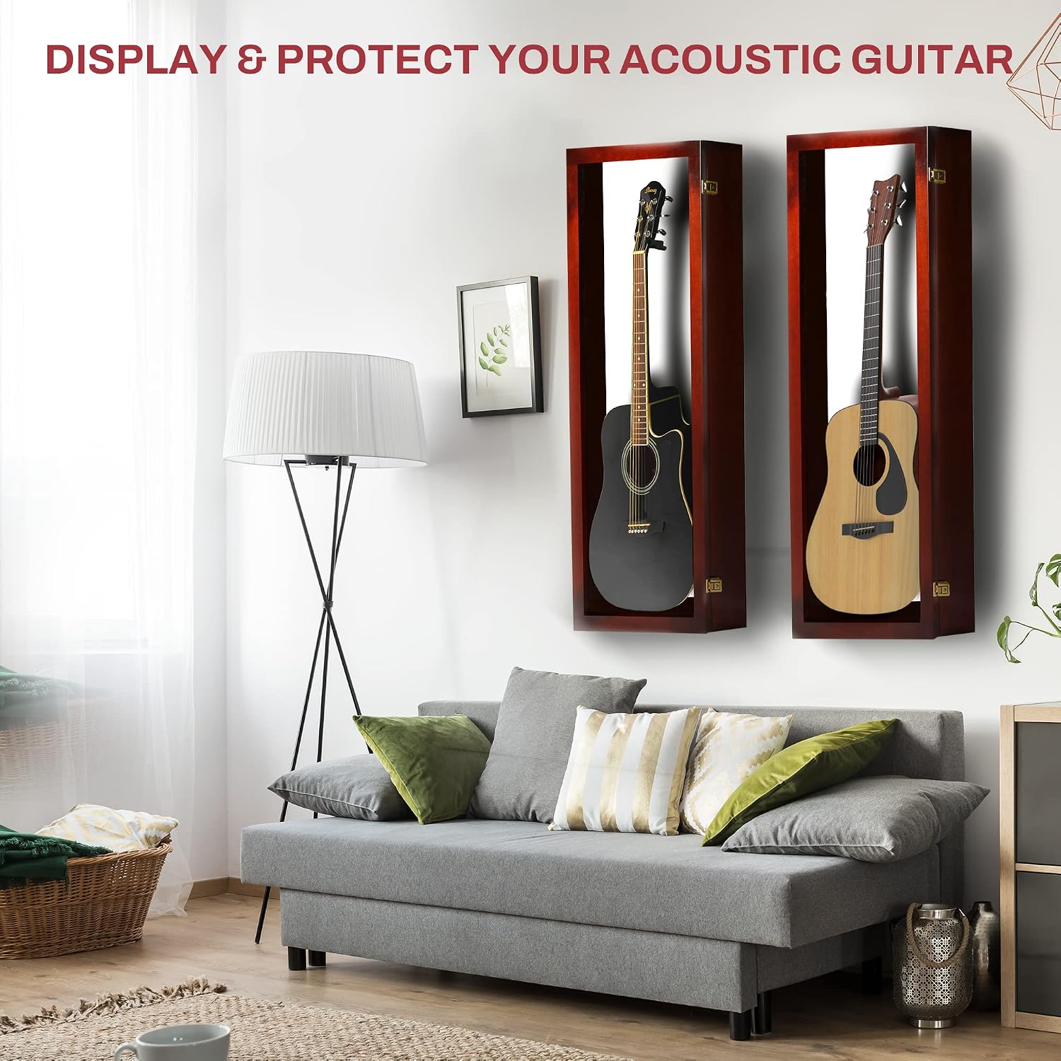 PENNZONI Acoustic Guitar Display Case - Acrylic Acoustic Guitar Case - Guitar Display Case Wall Mount Made from Hardwood Frame & Clear Acrylic - Cherry w/Felt White