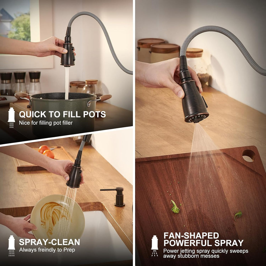 Oil Rubbed Bronze Kitchen Faucet with Pull Down Sprayer, Lava Odoro Bronze Kitchen Sink Faucet with Magnetic Docking Spray 3-Function, Brass Faucet for Kitchen Sink 1 Hole and 3 Hole, KF271-ORB
