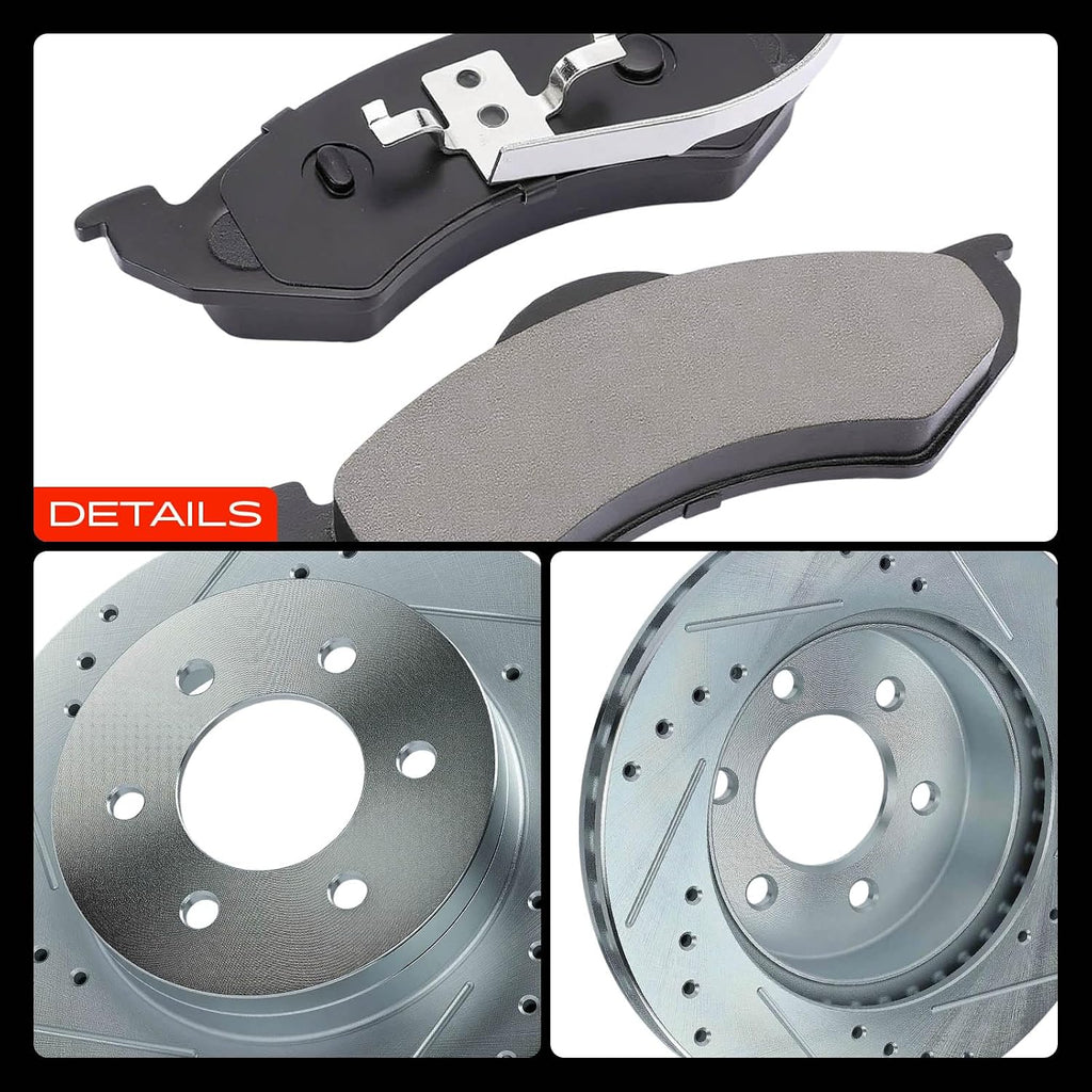 A-Premium 11.29 inch (287mm) Front Drilled and Slotted Disc Brake Rotors + Ceramic Pads Kit Compatible with Select Dodge Models - Durango 1998-1999, Dakota 1999, 6-PC Set