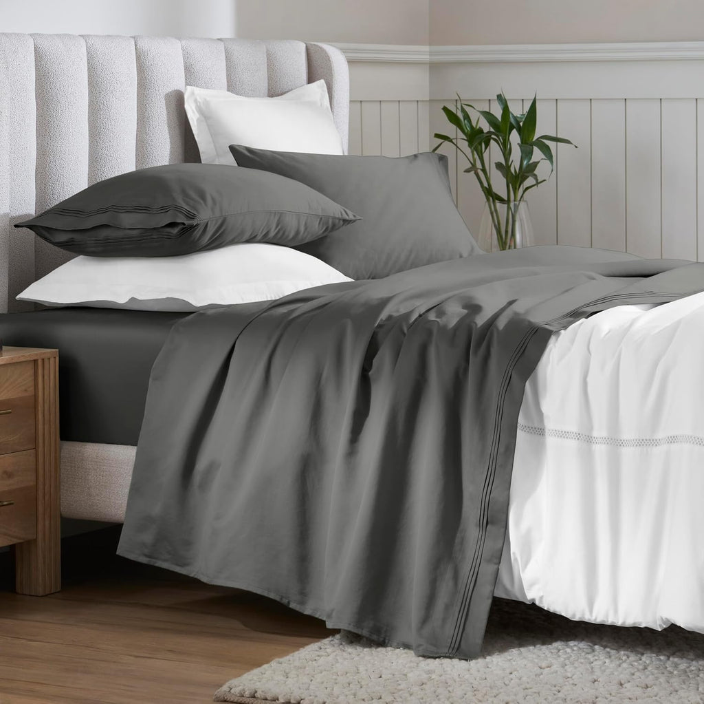 Superior Egyptian Cotton 4 Piece Sheet Set, 650 Thread Count, Modern Design, Sustainable Sheets, Ultra-Soft Basics, Solid, Deep Pocket Fitted Sheet, Flat Sheet, Pillowcases, California King, Grey