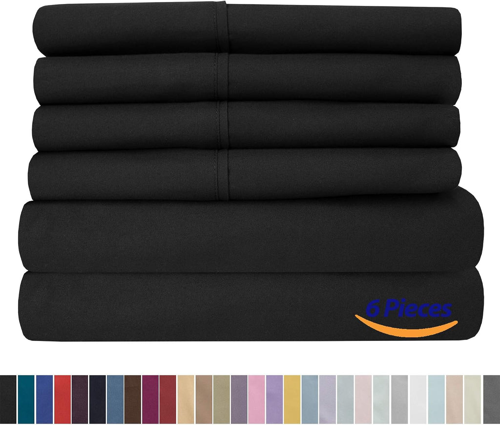 Sweet Home Collection RV Short Queen Sheets-6 Piece 1500 Thread Count Fine Brushed Microfiber Deep Pocket Set-Extra Pillow Cases, Value, Black, Short Queen Size(Pack of 12)