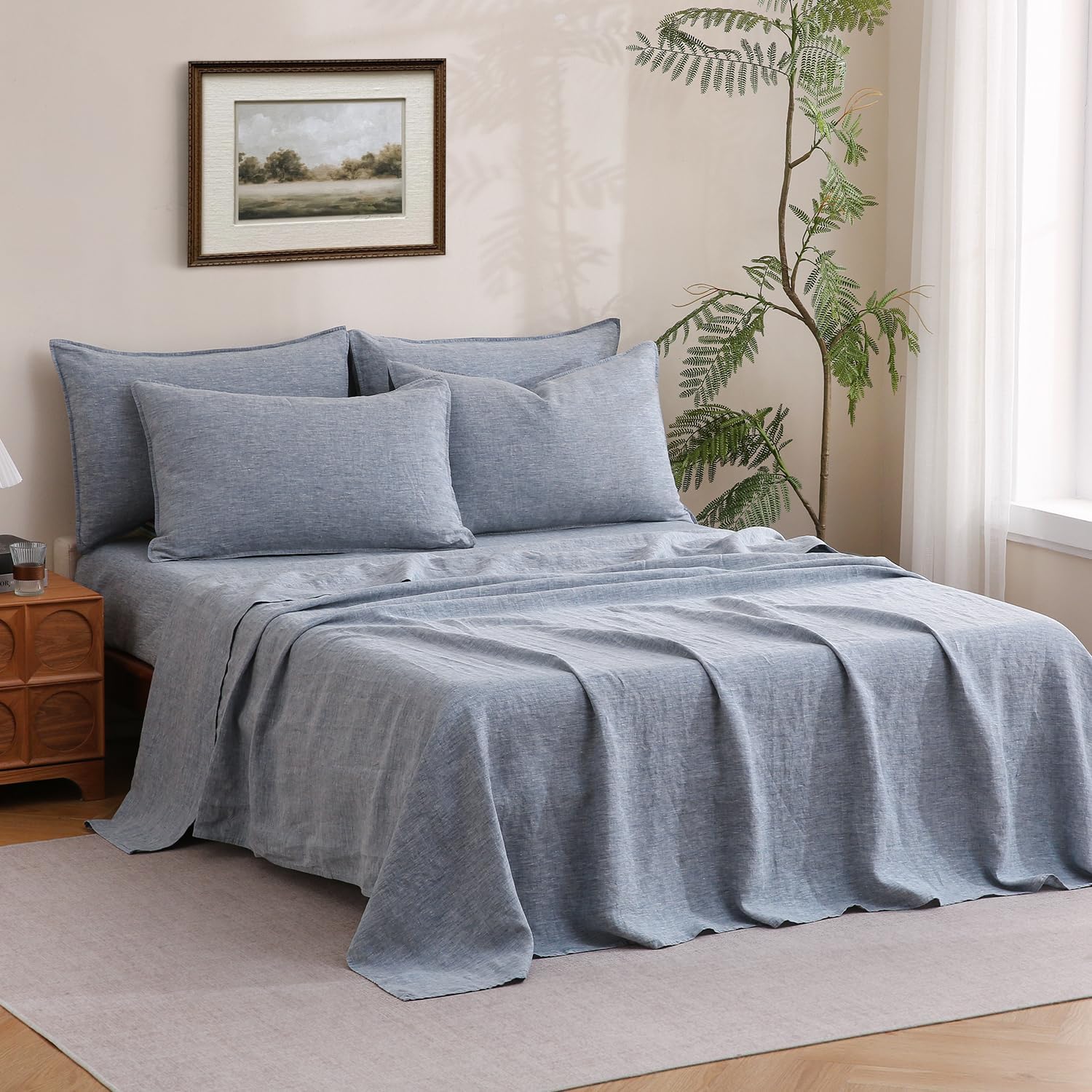 S VICTORY SYMBOL 100% Organic Linen Chambray Sheets Set King Size,Washed French Flax Bed Sheets 4 Pieces(2 Pillowcases,1 Fitted Sheet,1 Flat Sheet) 16inch Deep Pockt,Yarn Dyed Blue Denim