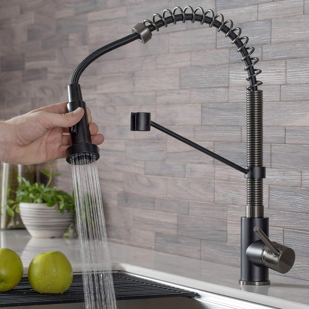 KRAUS Bolden Commercial Style 2-Function Single Handle Pull Down Kitchen Faucet in Matte Black/Black Stainless, KPF-1610MBSB (Pack of 1)