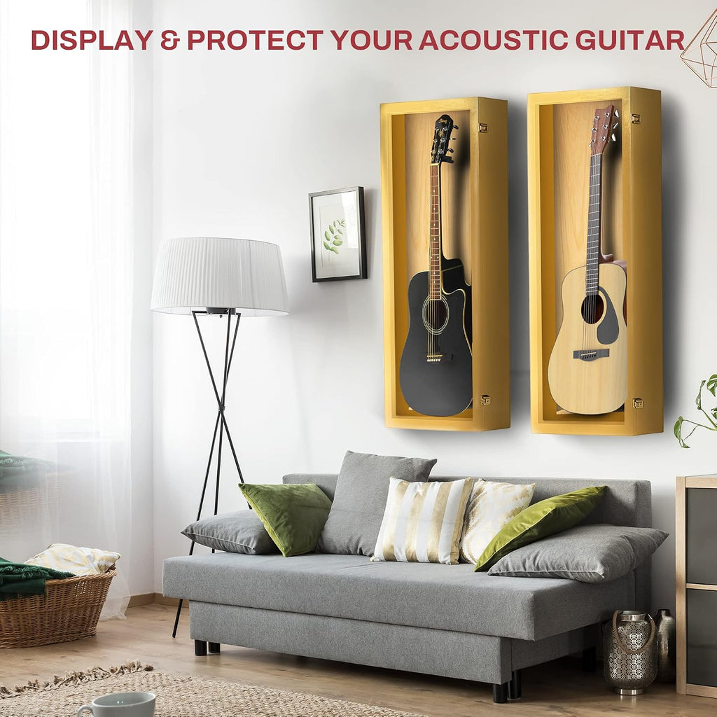 PENNZONI Acoustic Guitar Display Case - Acrylic Acoustic Guitar Case - Guitar Display Case Wall Mount Made from Hardwood Frame & Clear Acrylic - Golden Oak w/No Felt