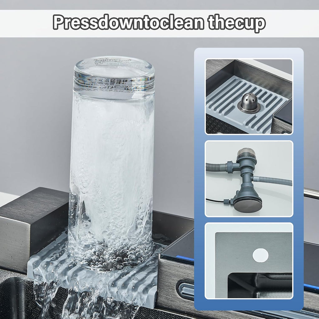 Digital Display Waterfall Kitchen Sink Gun Grey Stainless Steel Single Bowl Kitchen Sink With Pull-Out Faucet Kitchen Sink Workstation with Multiple Accessories(29.52'X18.11')