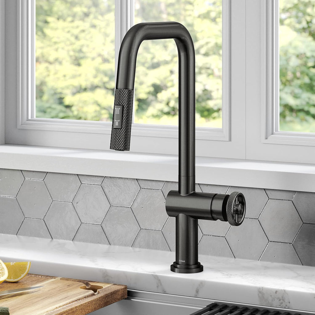 KRAUS Urbix Industrial Pull-Down Single Handle Kitchen Faucet in Black Stainless Steel, KPF-3126SB