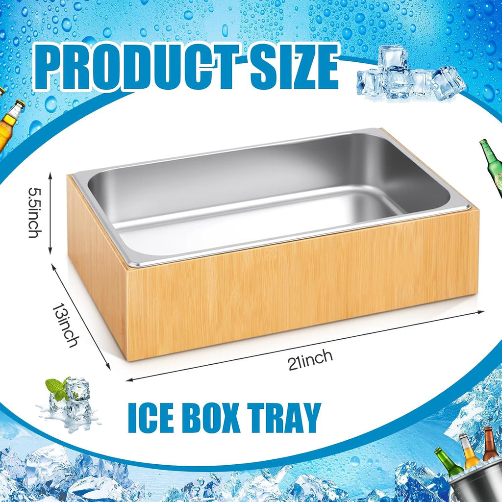 Honeydak Large Ice Housing Bin with Removable Tray Ice Holder Container Wine Beer Champagne Drink Bucket Beverage Tub for Freezer Display Buffet Counter Party Chiller (Bamboo and Steel)