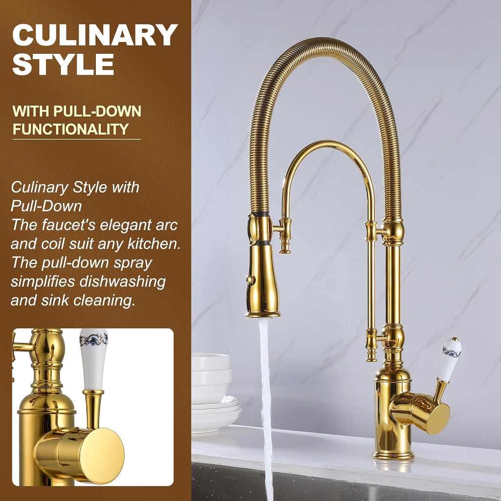 Classical High Arc Single Handle Spring Kitchen Faucet with Pull Down Spray, Swiveling Commercial Single Handle Kitchen Sink Faucets for Farmhouse, Gold