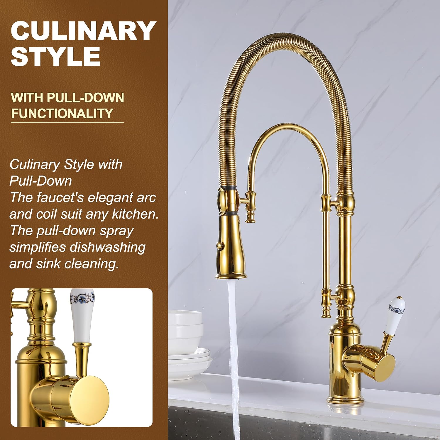 Classical High Arc Single Handle Spring Kitchen Faucet with Pull Down Spray, Swiveling Commercial Single Handle Kitchen Sink Faucets for Farmhouse, Gold