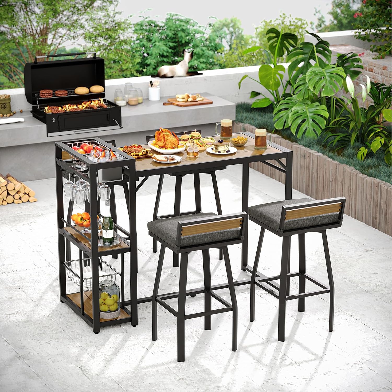 ONBRILL 5-Piece Outdoor Patio Bar Set, Outdoor Bar Table and Chairs Set w/Storage Shelves, Wood Plastic Tabletop, 360° Swivel Stools, Weather-Resistant, Outdoor Furniture for Backyard, Garden, Porch