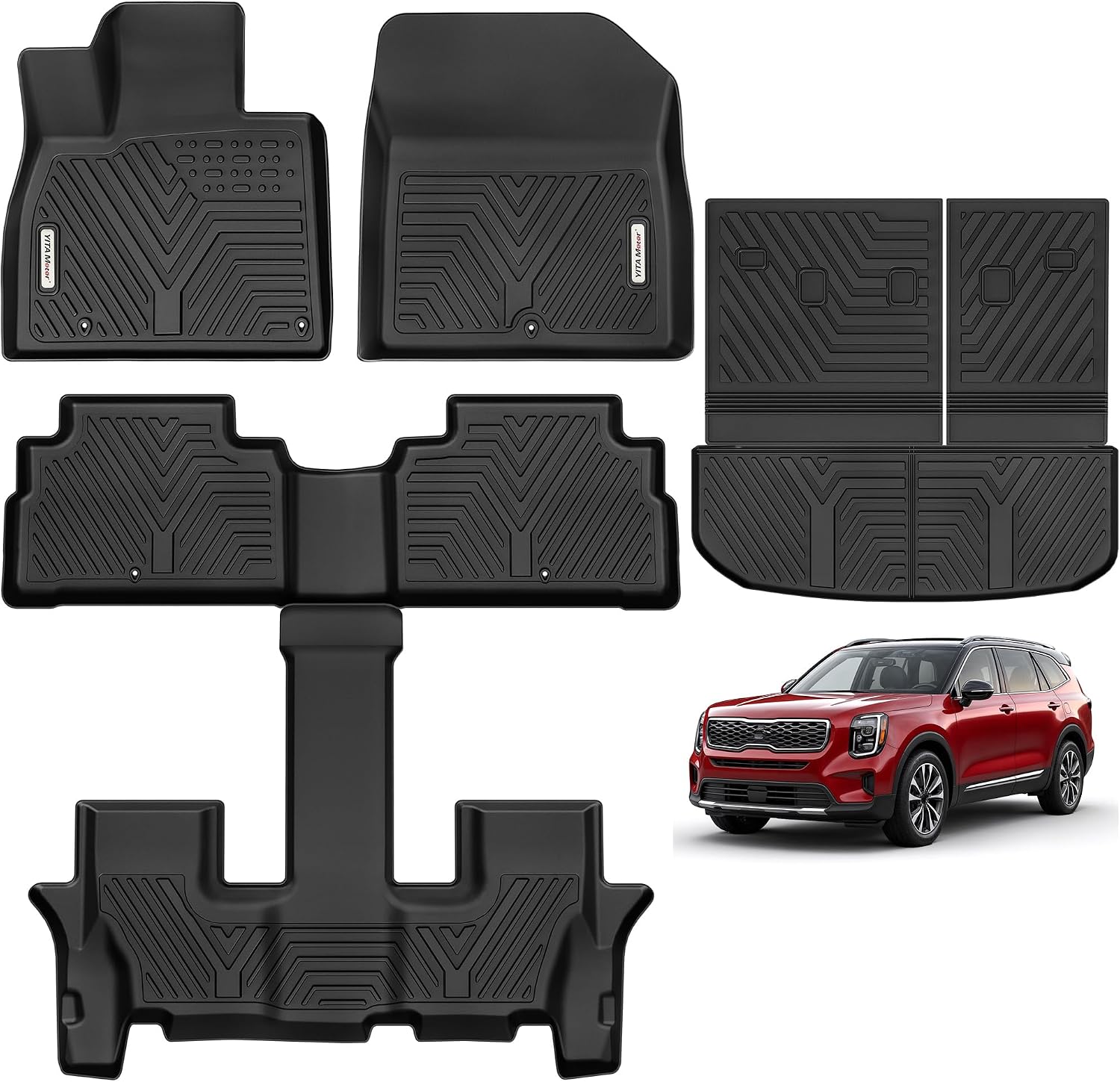 YITAMOTOR Floor Mats for 2020-2025 Kia Telluride 7/8 Passenger, All Weather TPE Rubber Mat, Custom Fit Kia Telluride Accessories Floor Liners Full Set, 1st & 2nd & 3rd Row & Backrest Mat & Cargo Liner