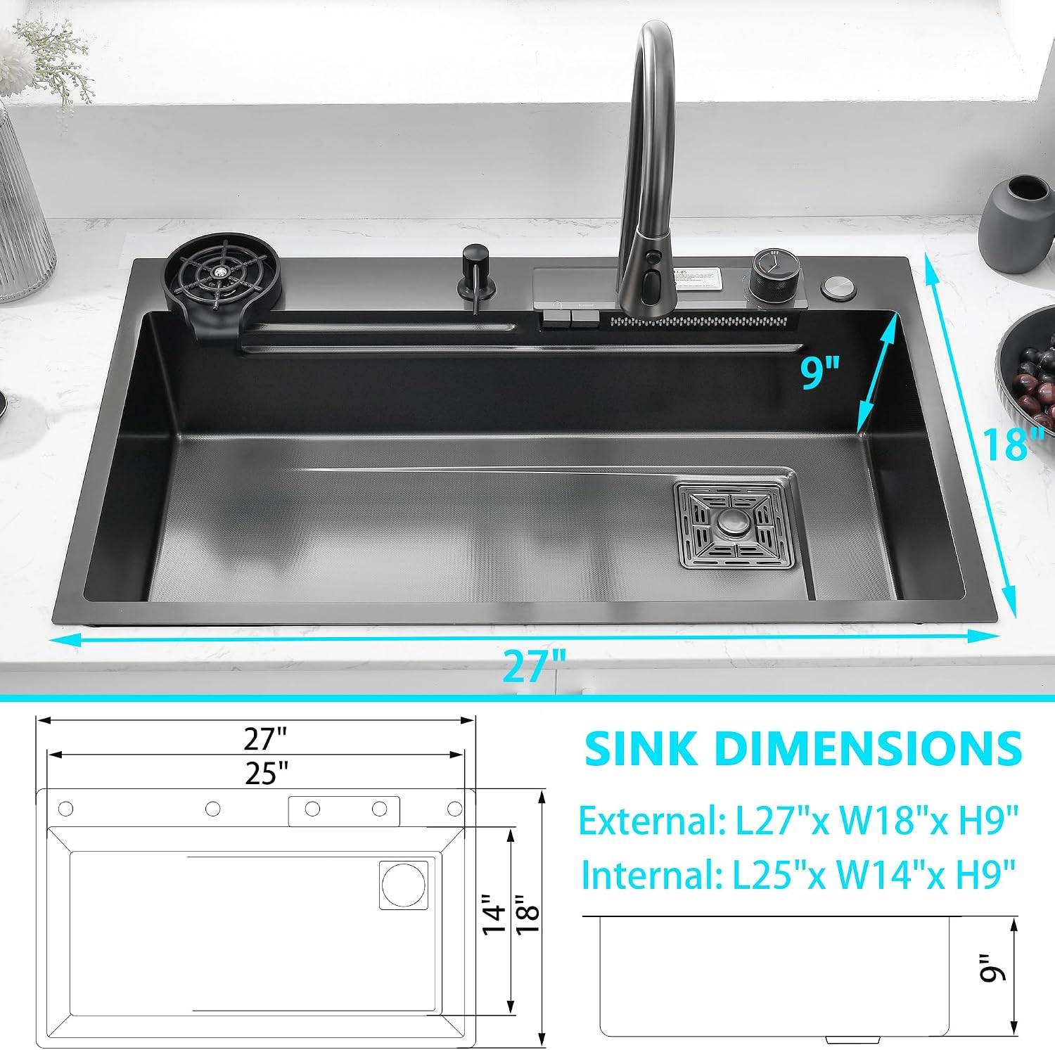 27' x 18' Black-Gray Waterfall Kitchen Sink, Drop In Stainless Steel Modern Single Bowl Sink with Pull-Out Spray Faucet, Cup Washer & Accessories