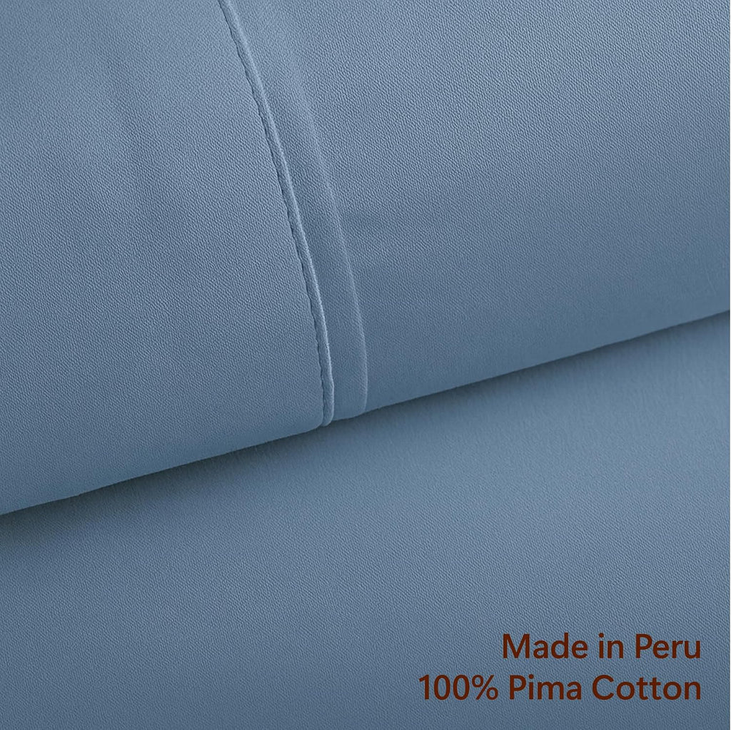 Peru Pima 415 Thread Count Percal Twin Sheet Set - 100% Peruvian Pima Cotton, 3 Piece (Flat, Fitted, 1 Pillowcase) - Cooling, Crisp, Deep Pocket, Hotel Quality Bedding - Light Denim